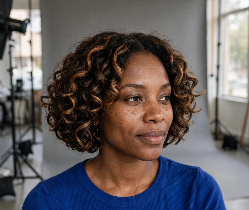 Curly bob with caramel highlights