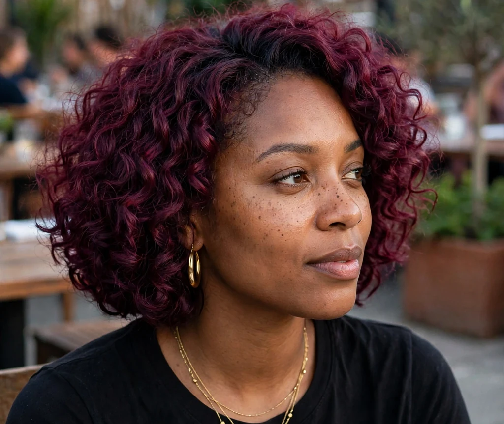 Curly bob with burgundy tint