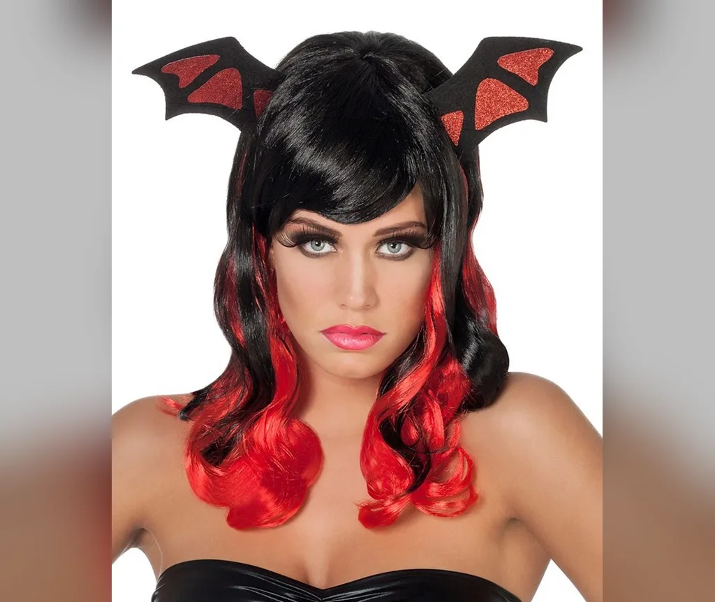 Bat wing headband with black and red curls, vampire bat halloween hairstyles for women