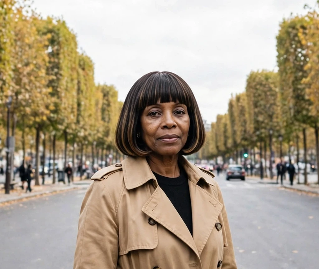 camel trench french bob with a full straight fringe