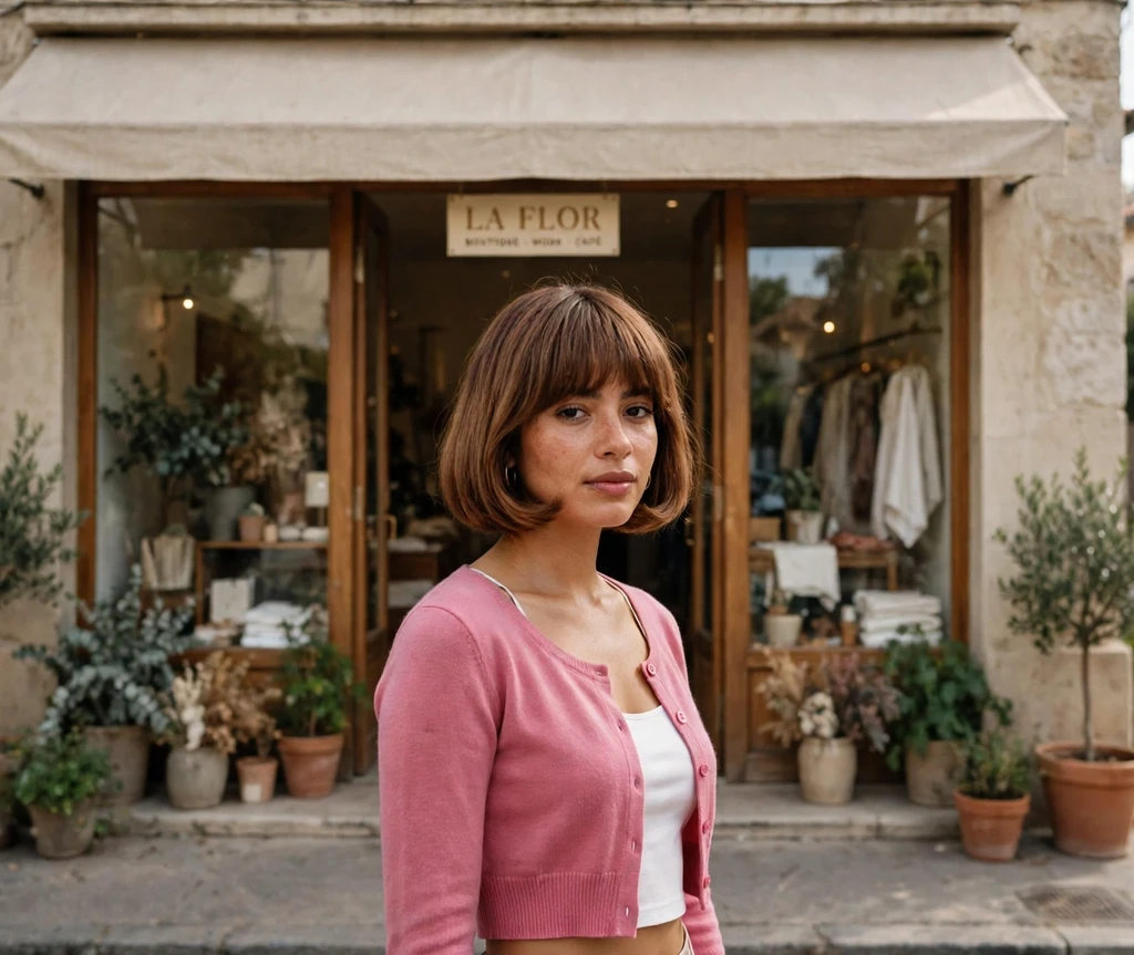 cropped cardigan french bob with a slightly wispy full fringe