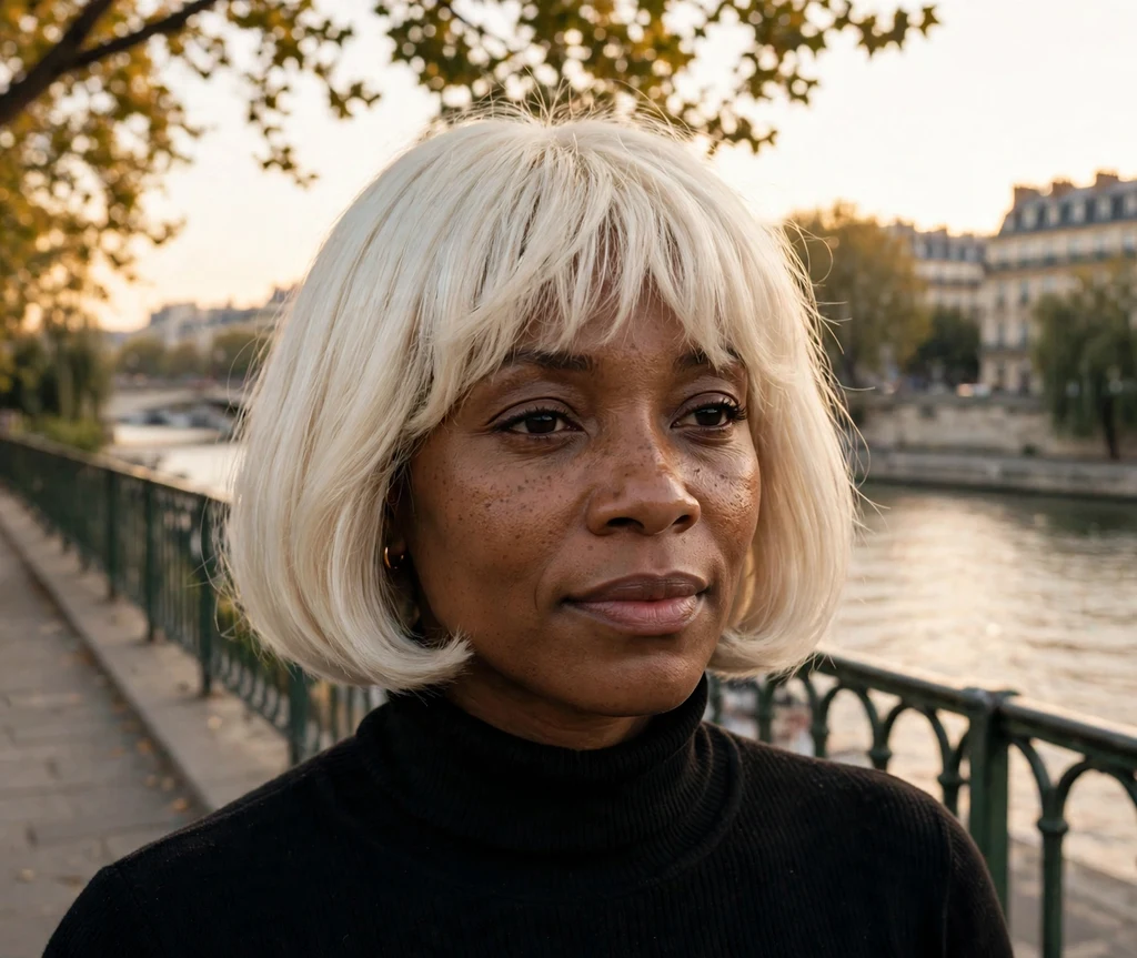 black turtleneck french bob with a slightly wispy full fringe