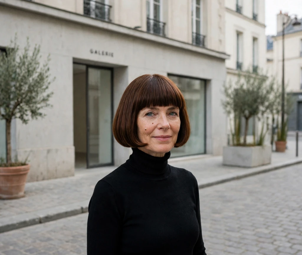 black turtleneck french bob with a full straight fringe