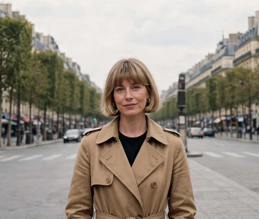 camel trench french bob with a slightly wispy full fringe