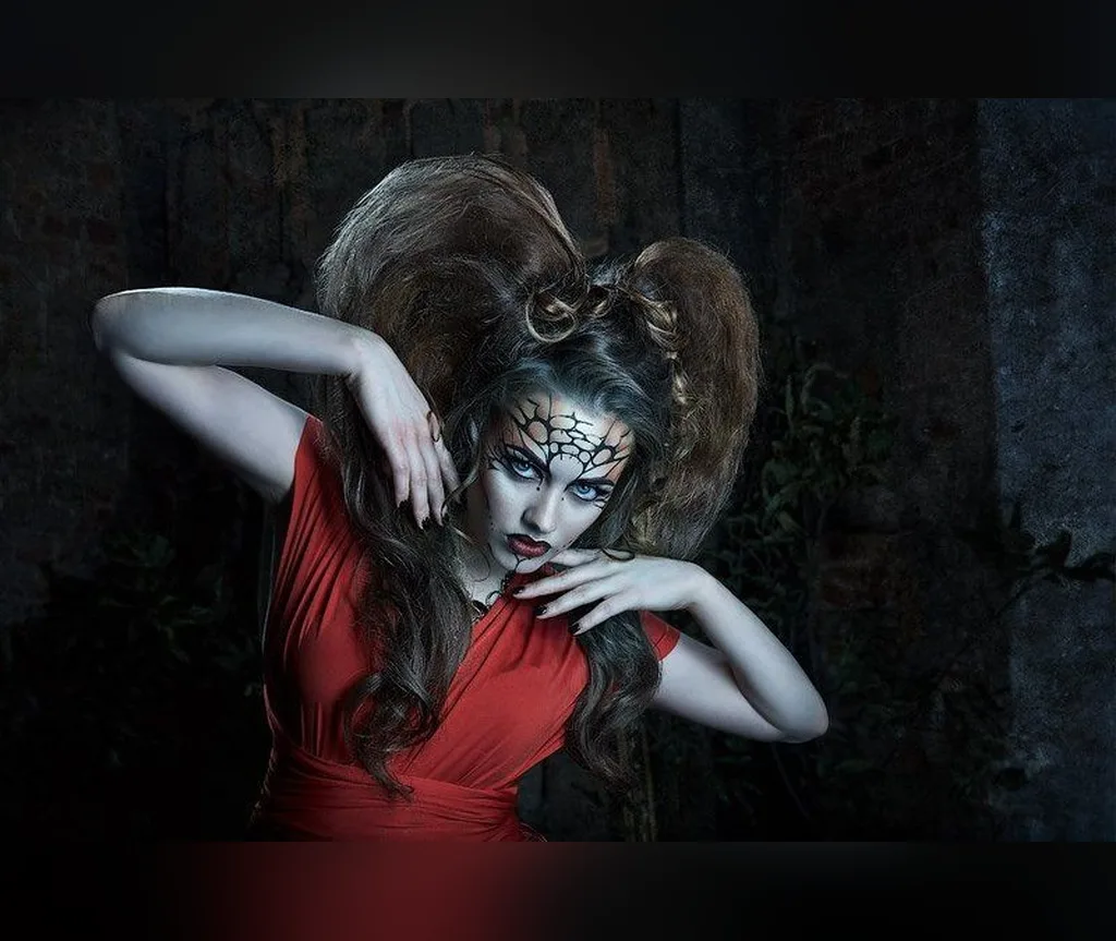 Giant looped ponytails with spiderweb face paint, showstopping halloween hairstyles for women