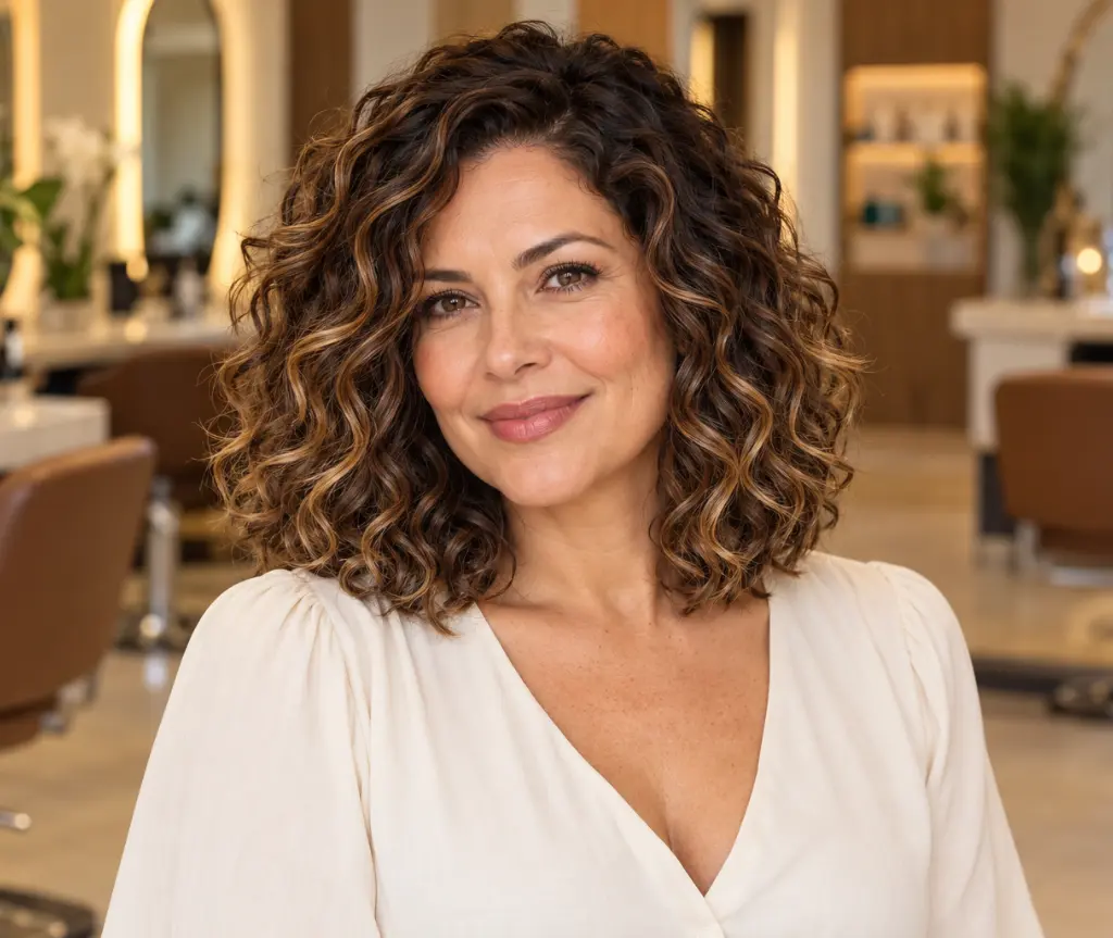Curly Lob with Caramel Highlights