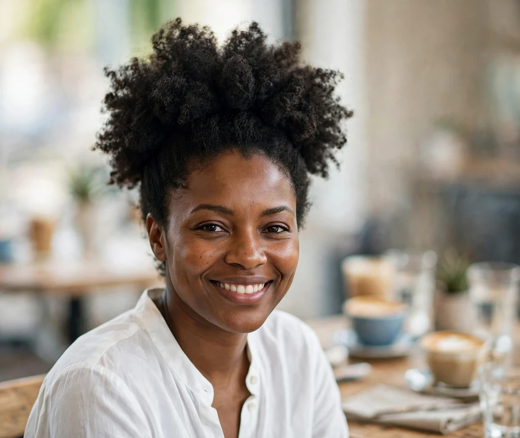 Classic high afro puff with defined coily texture on a Black woman