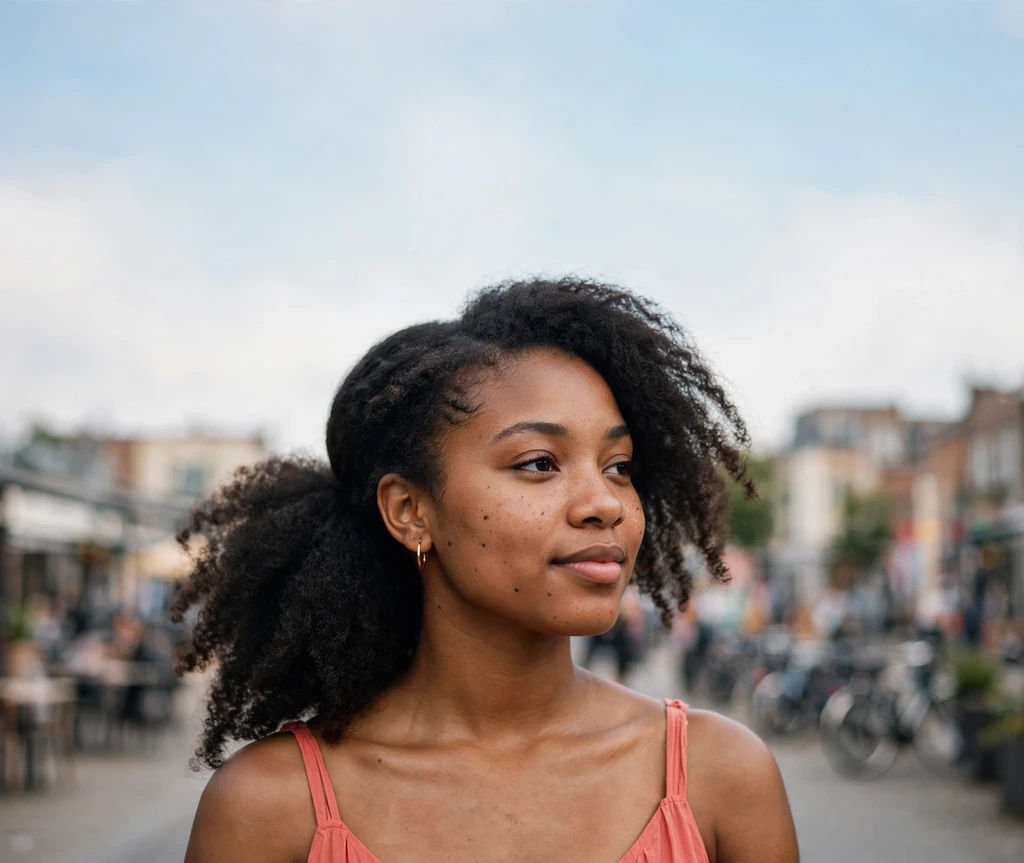 Side-swept afro puff falling to one side on a Black woman
