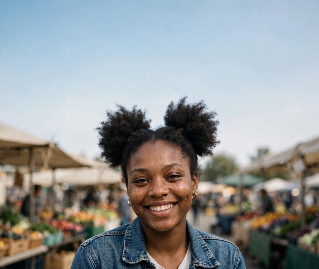 Double afro puffs styled as space buns on a Black woman