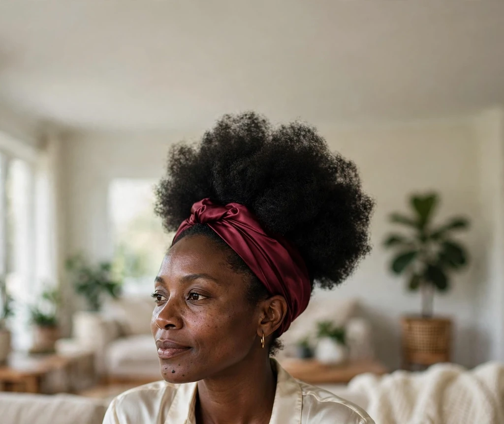 High afro puff with a burgundy satin headband on a Black woman