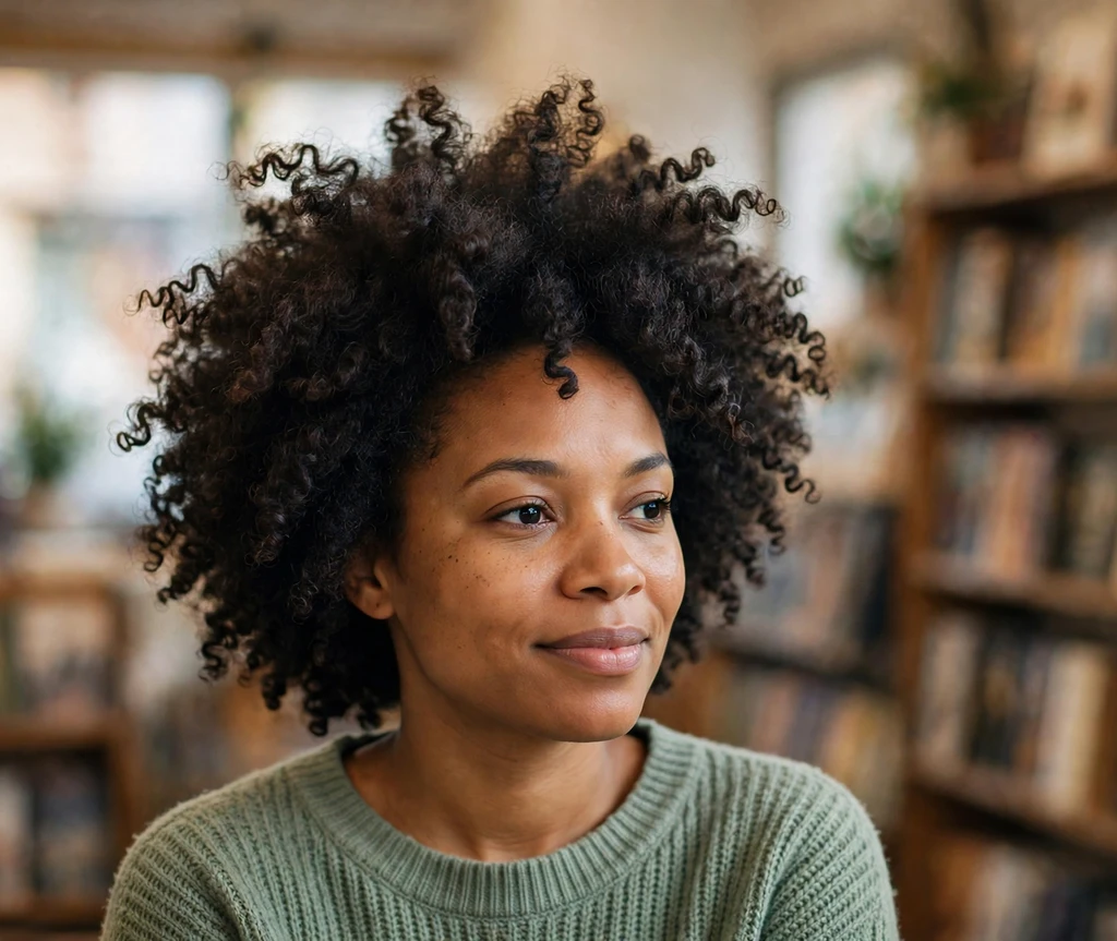 Afro puff with bouncy defined ringlets on a Black woman