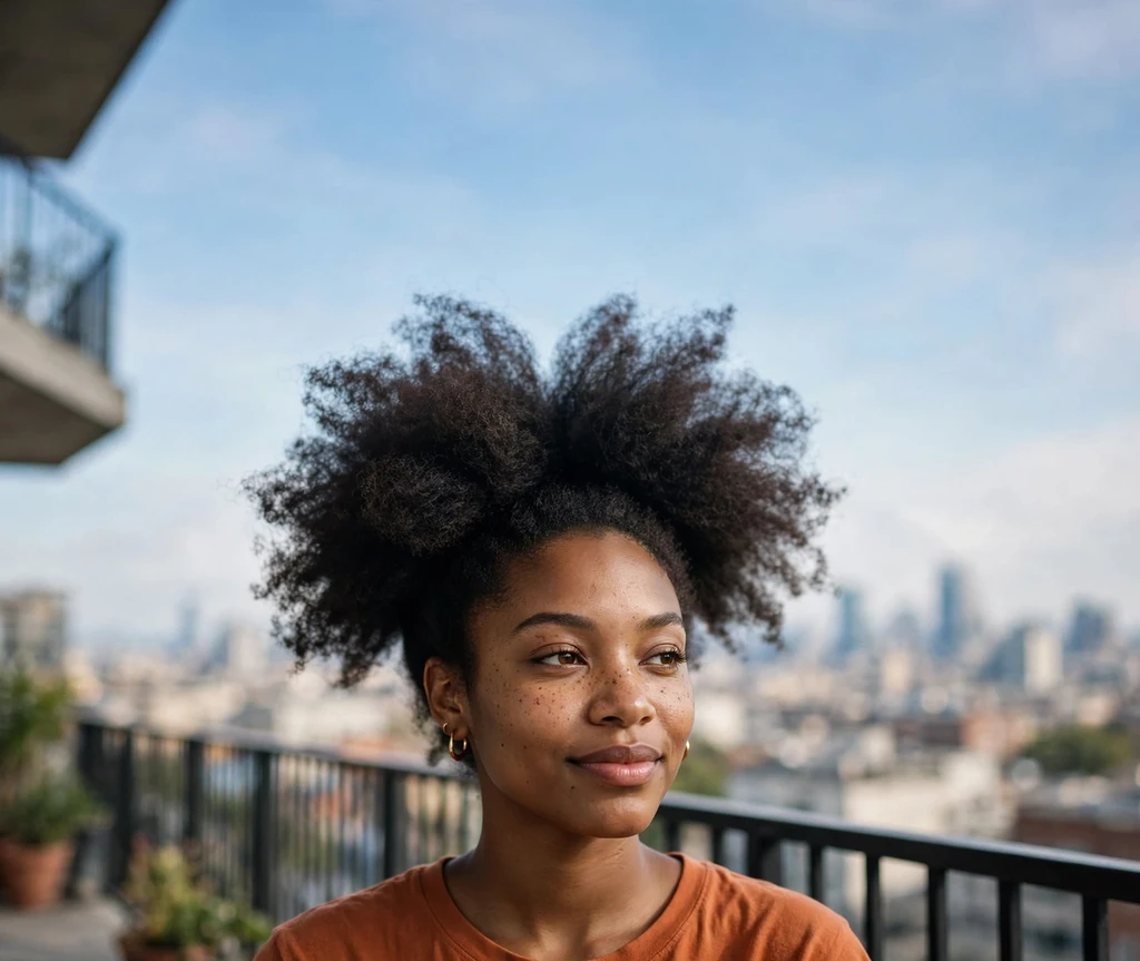 Stretched blowout afro puff with fluffy volume on a Black woman
