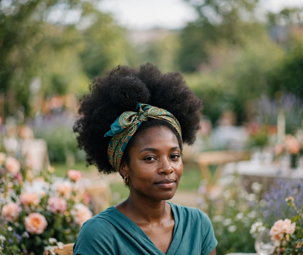 Afro puff with a patterned silk scarf wrapped around its base on a Black woman