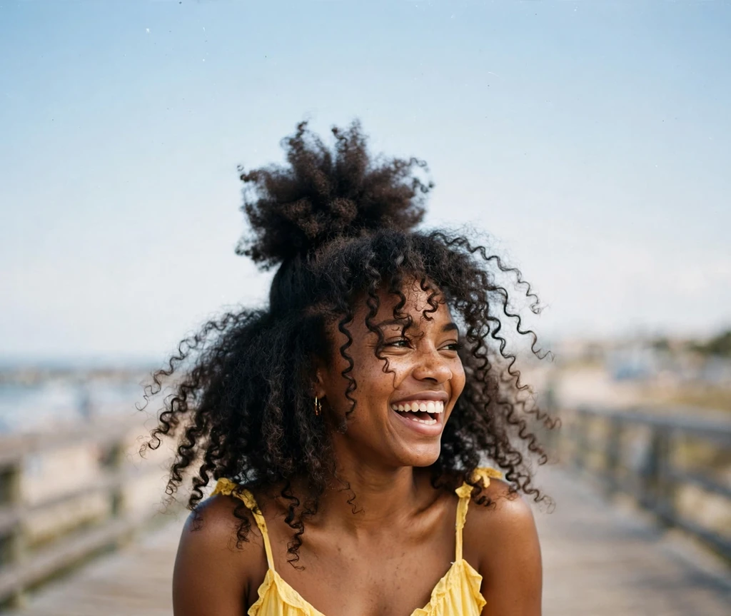 Pineapple afro puff high on the crown on a Black woman