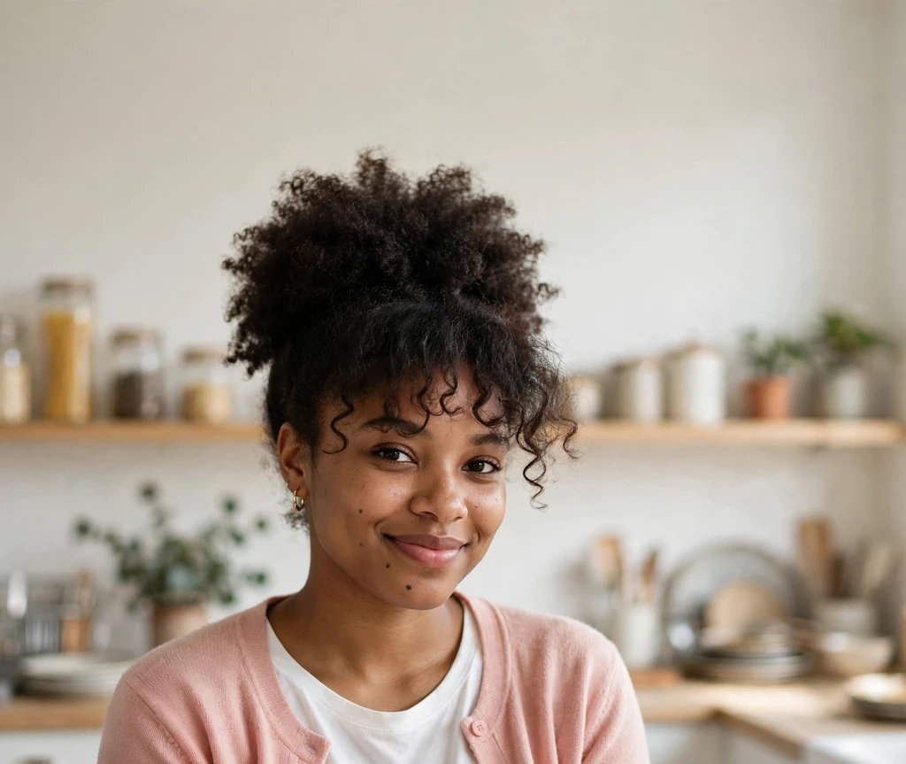 Afro puff with wispy curly bangs framing the forehead on a Black woman