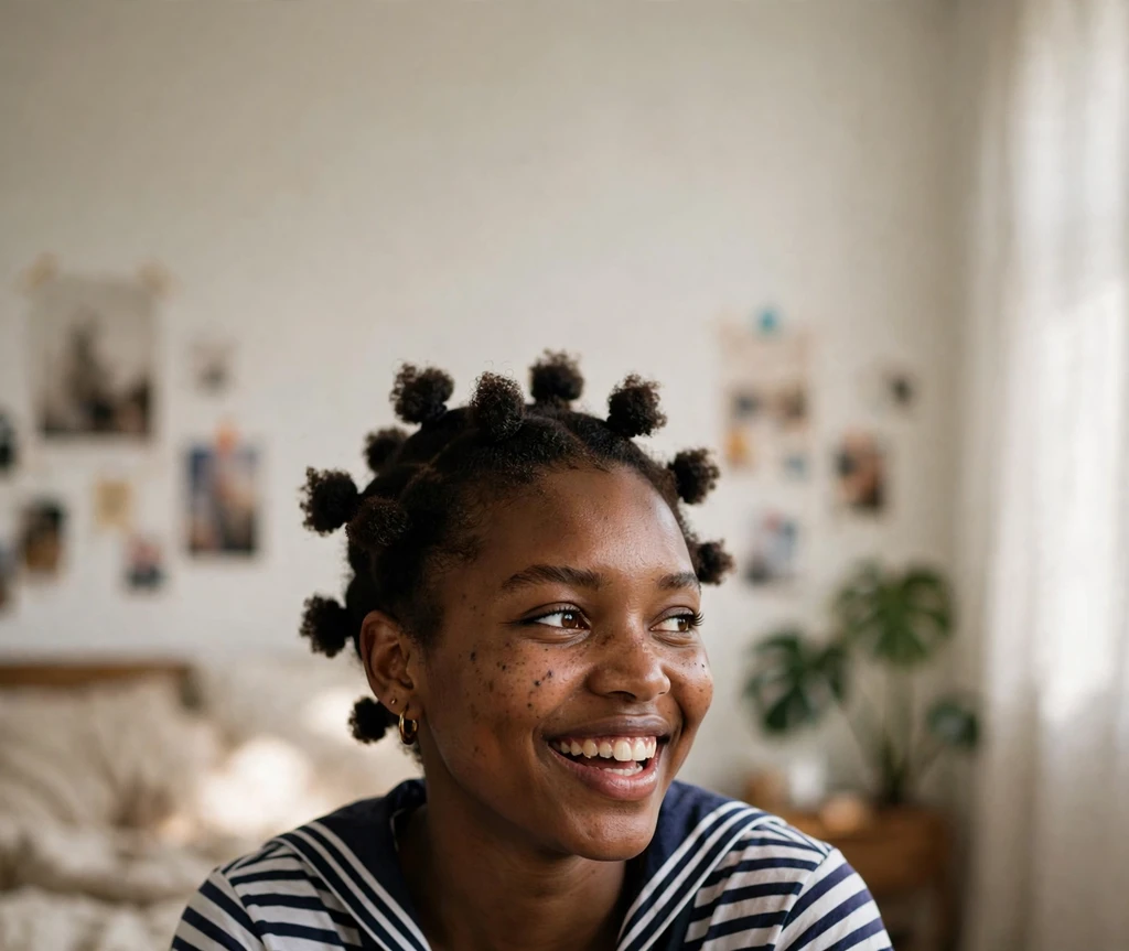 Multiple mini afro puffs dotted across the head on a Black woman