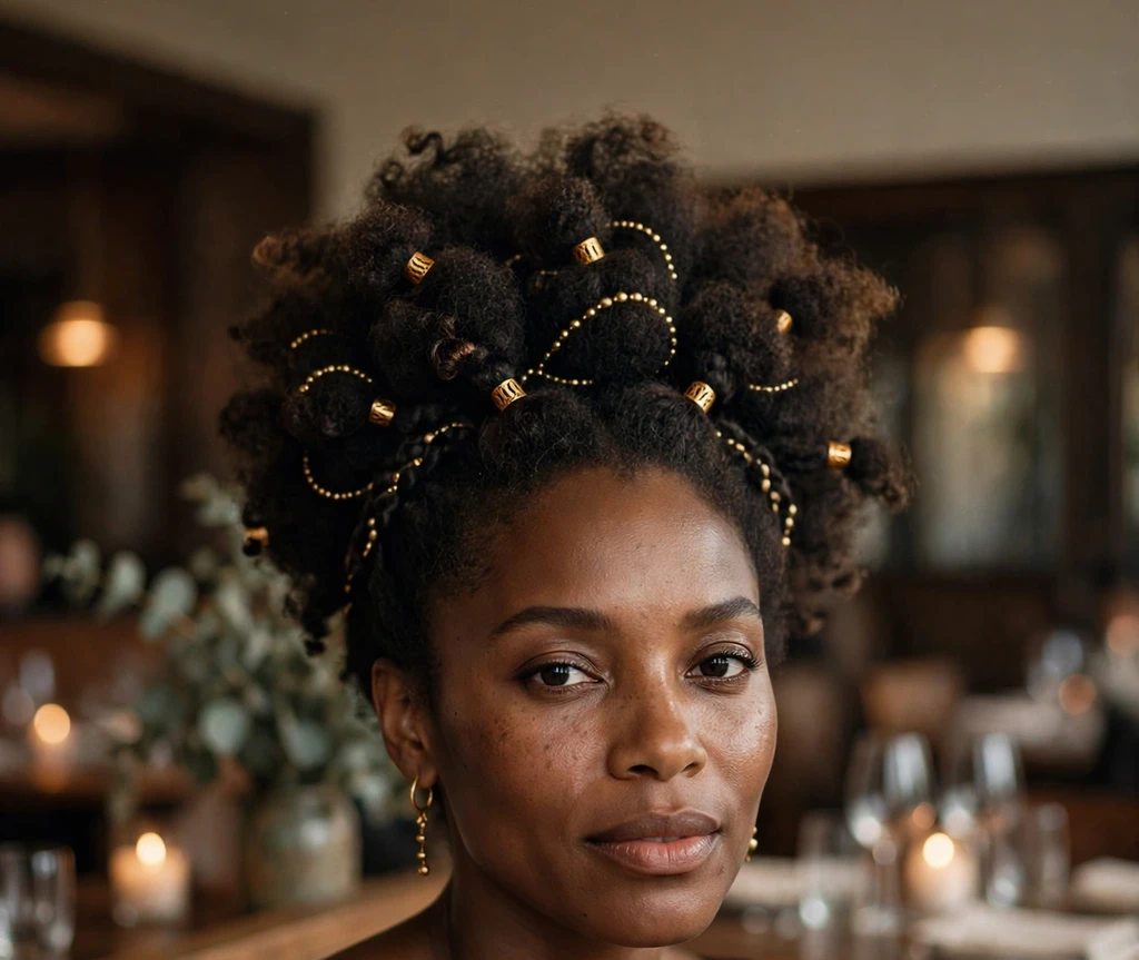 Afro puff decorated with gold hair cuffs and beads on a Black woman