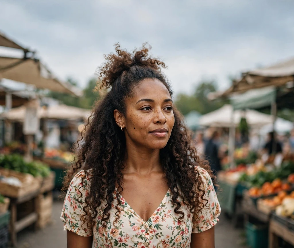 Half-up afro puff with curly hair flowing down on a Black woman
