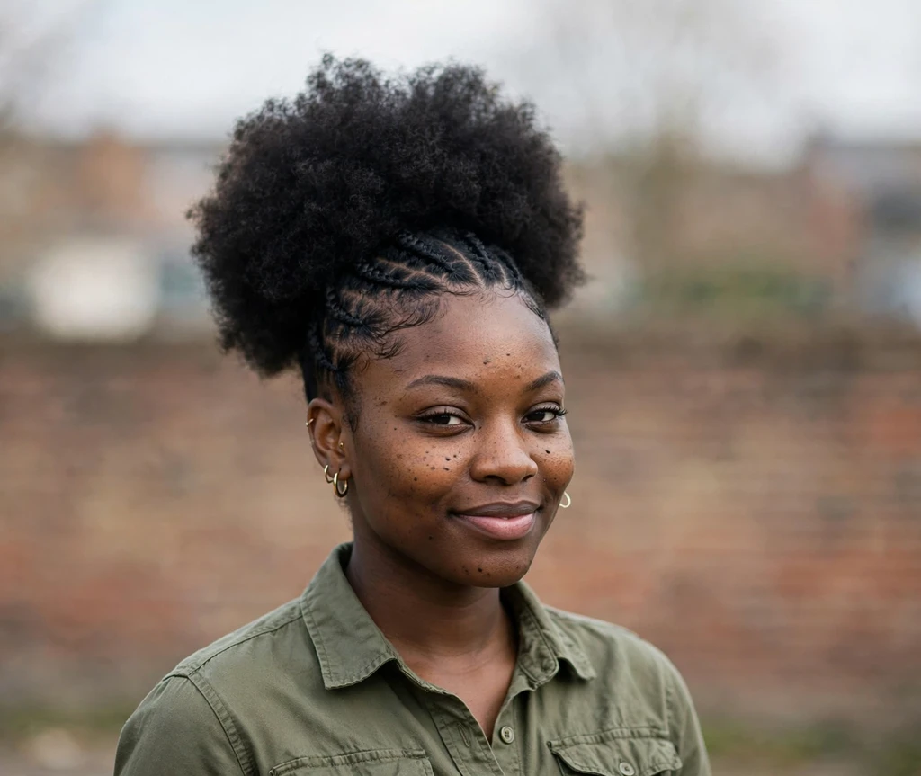 High afro puff with flat-twisted roots at the front on a Black woman