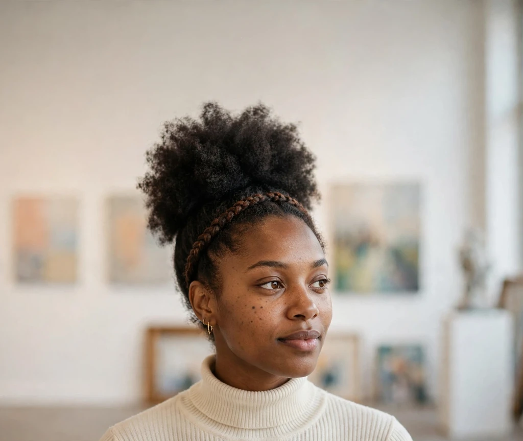 High afro puff with a braided band around its base on a Black woman