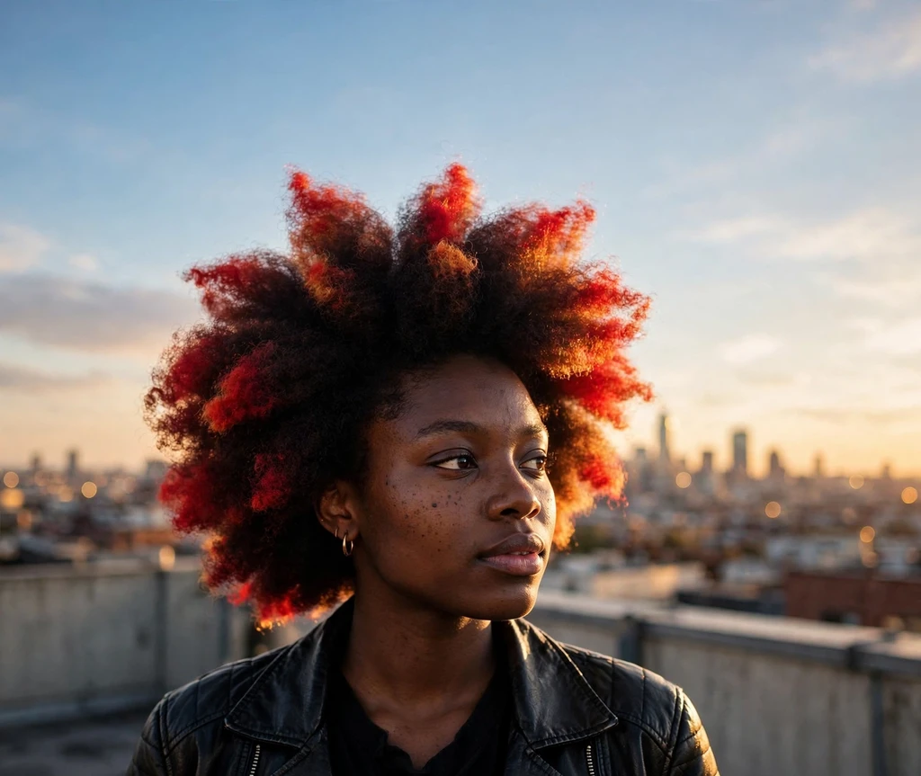 Afro puff with bold red-tipped ends on a Black woman