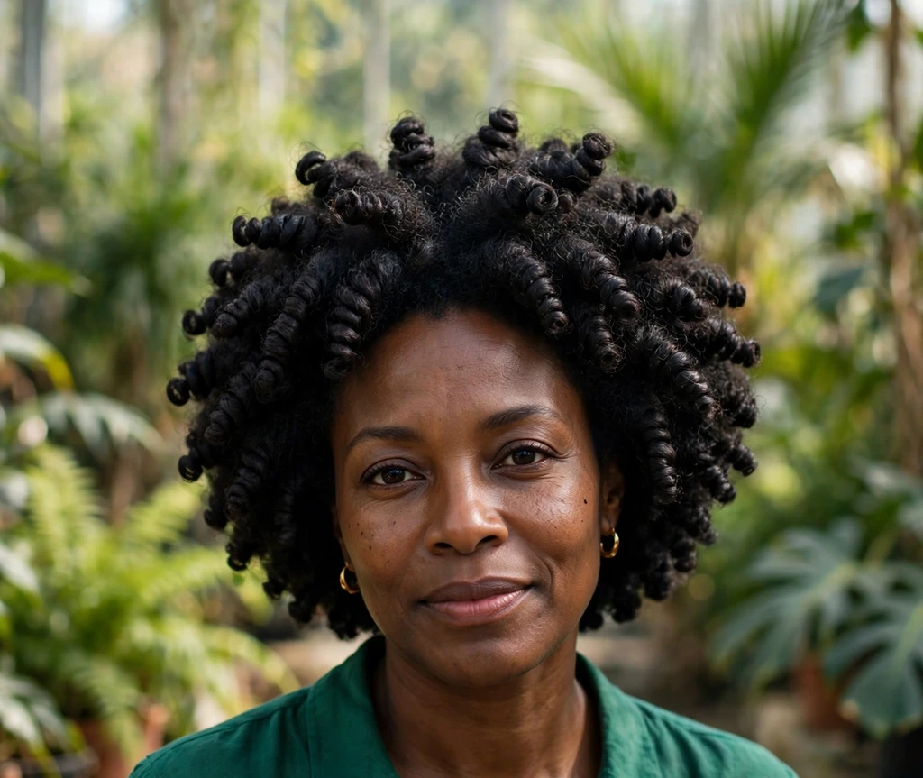 Afro puff with perfectly defined finger coils on a Black woman