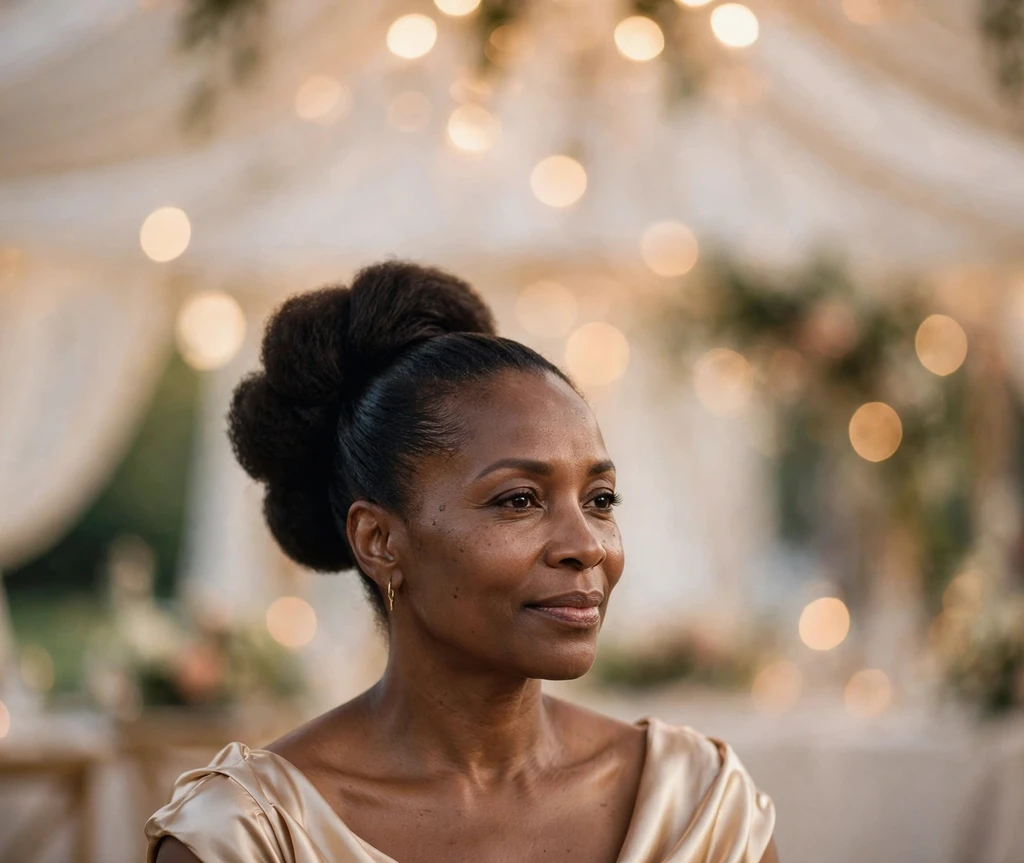 Elegant wrapped afro puff updo with smooth sculpted sides on a Black woman
