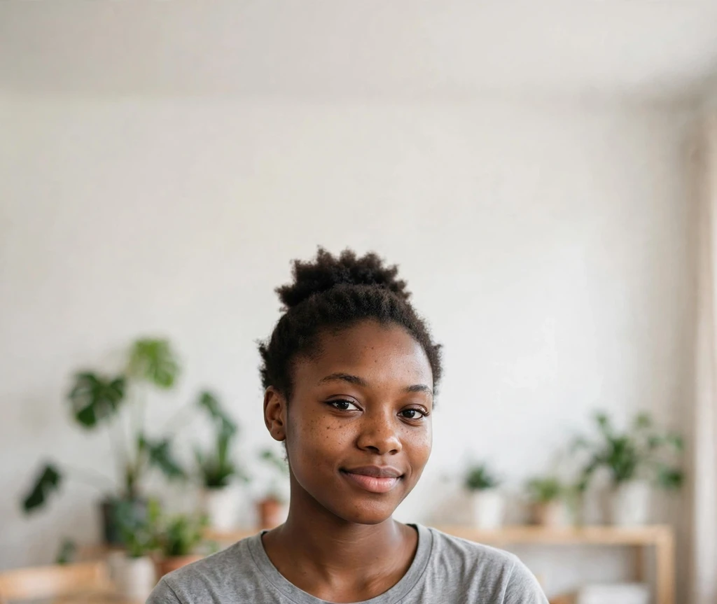 Petite TWA-style afro puff on short natural hair on a Black woman
