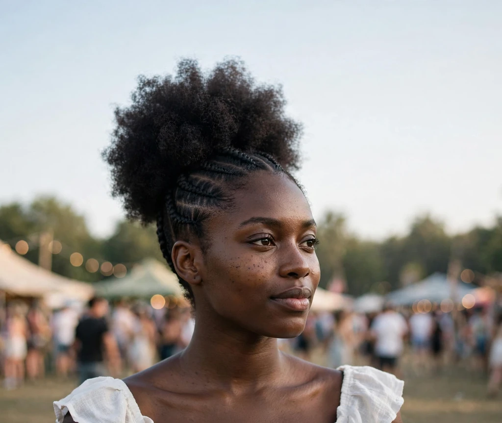 Afro puff with neat cornrowed sides on a Black woman
