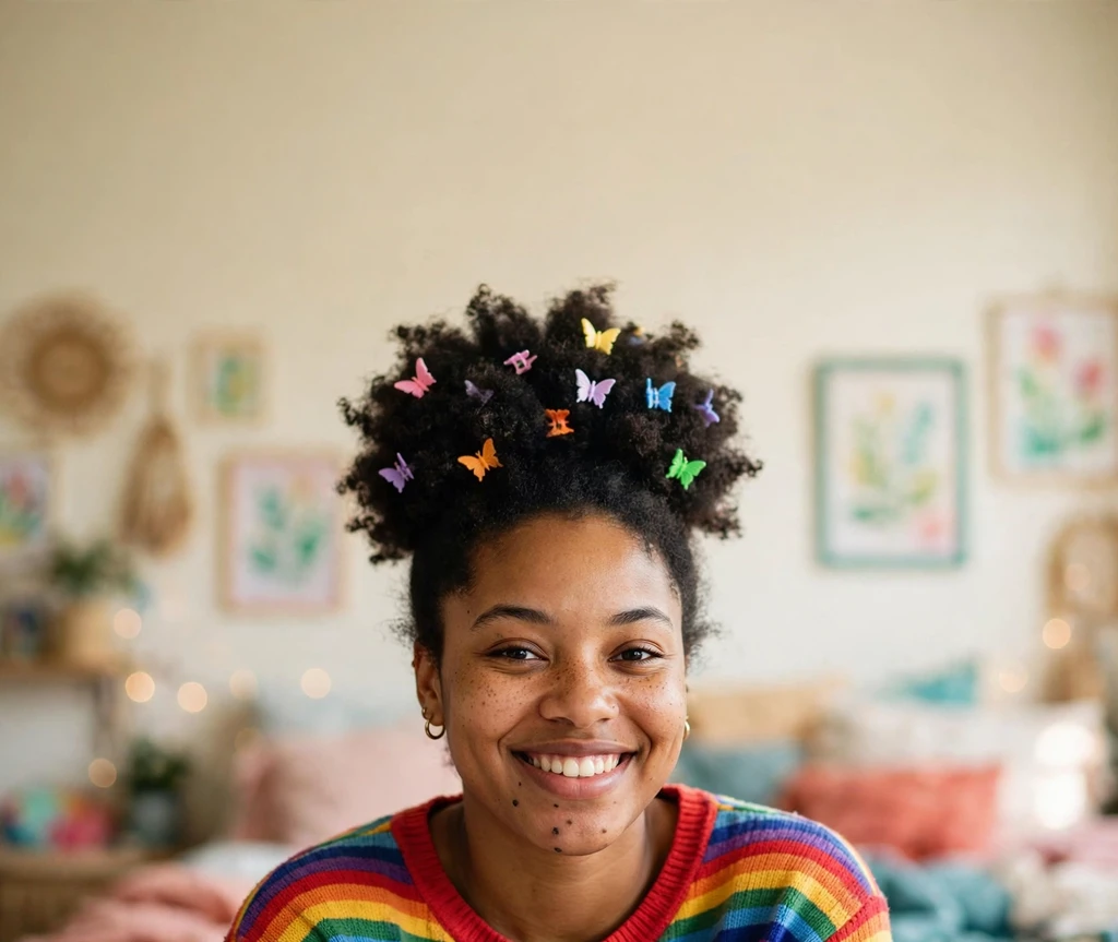 Afro puff decorated with colorful butterfly clips on a Black woman