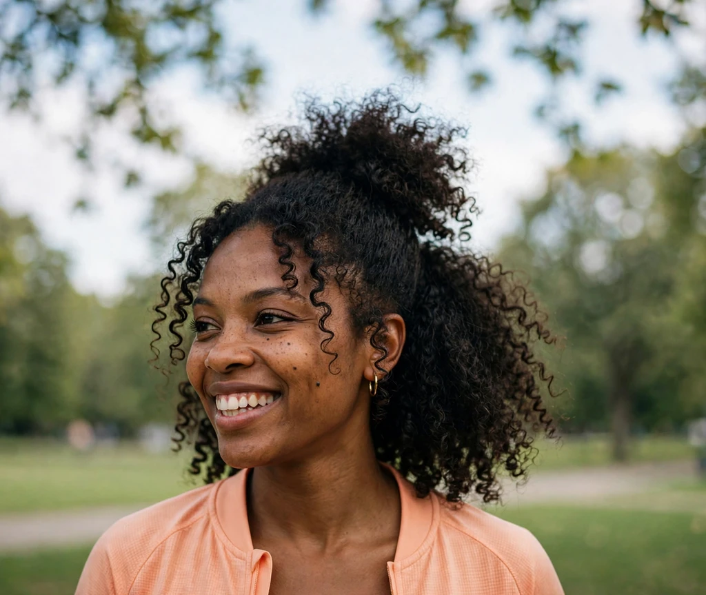 High puff ponytail with loose curly tendrils on a Black woman