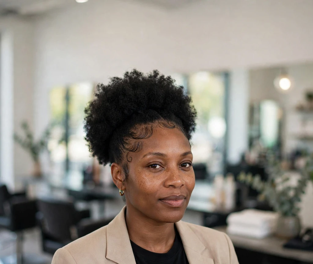 Afro puff with intricately laid baby hairs on a Black woman