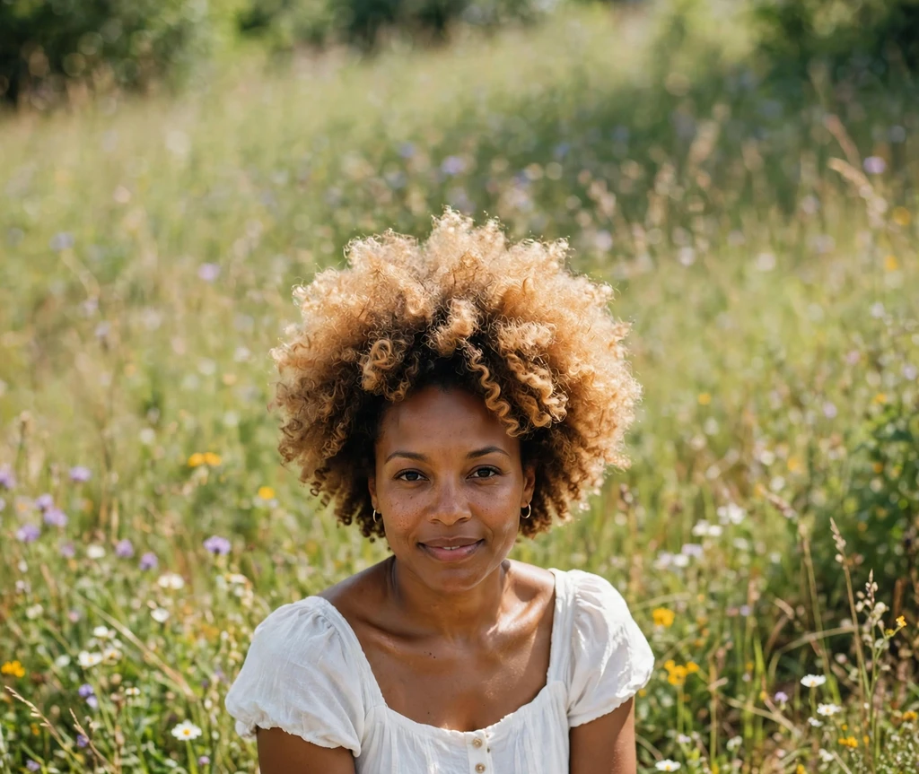 Afro puff with honey-blonde tinted curls on a Black woman