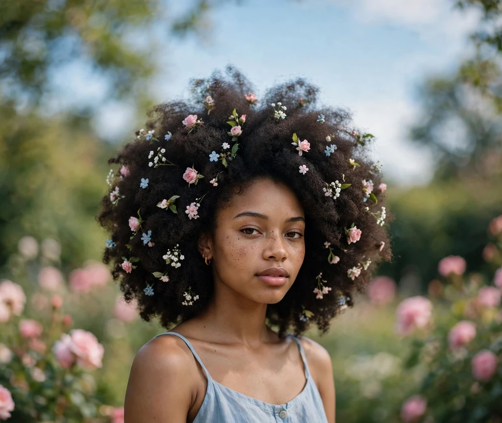 Afro puff adorned with delicate floral hair pins on a Black woman