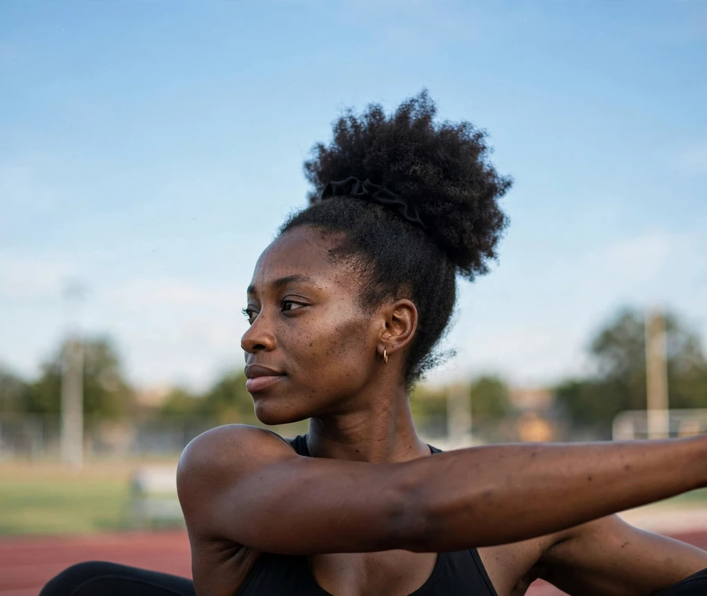Sporty high afro puff for workouts on a Black woman