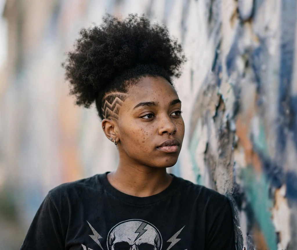 Afro puff with a shaved undercut design at the nape on a Black woman