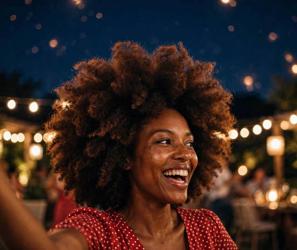 Jumbo voluminous afro puff with big soft curls on a Black woman