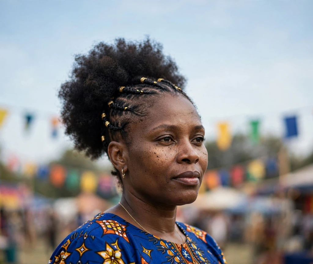 Afro puff with Fulani braids styled at the front on a Black woman