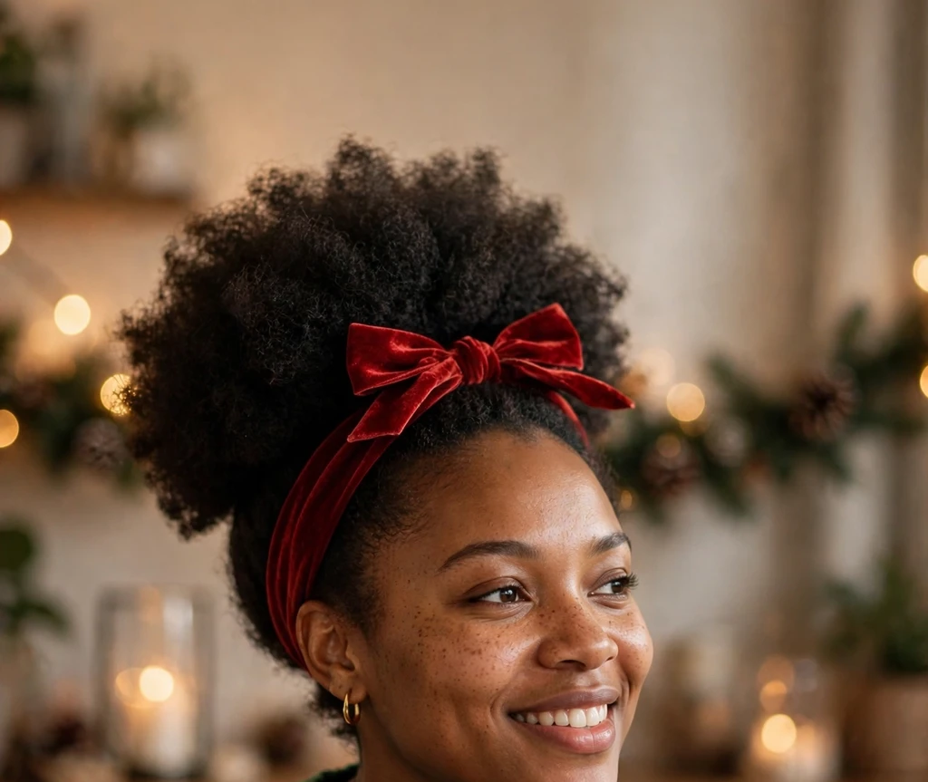 Afro puff with a red velvet bow headband on a Black woman
