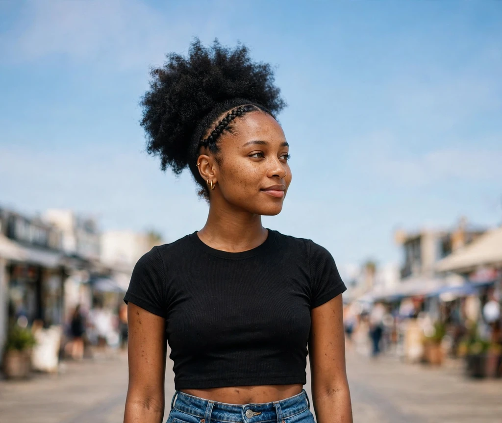 Afro puff with a single side cornrow accent on a Black woman