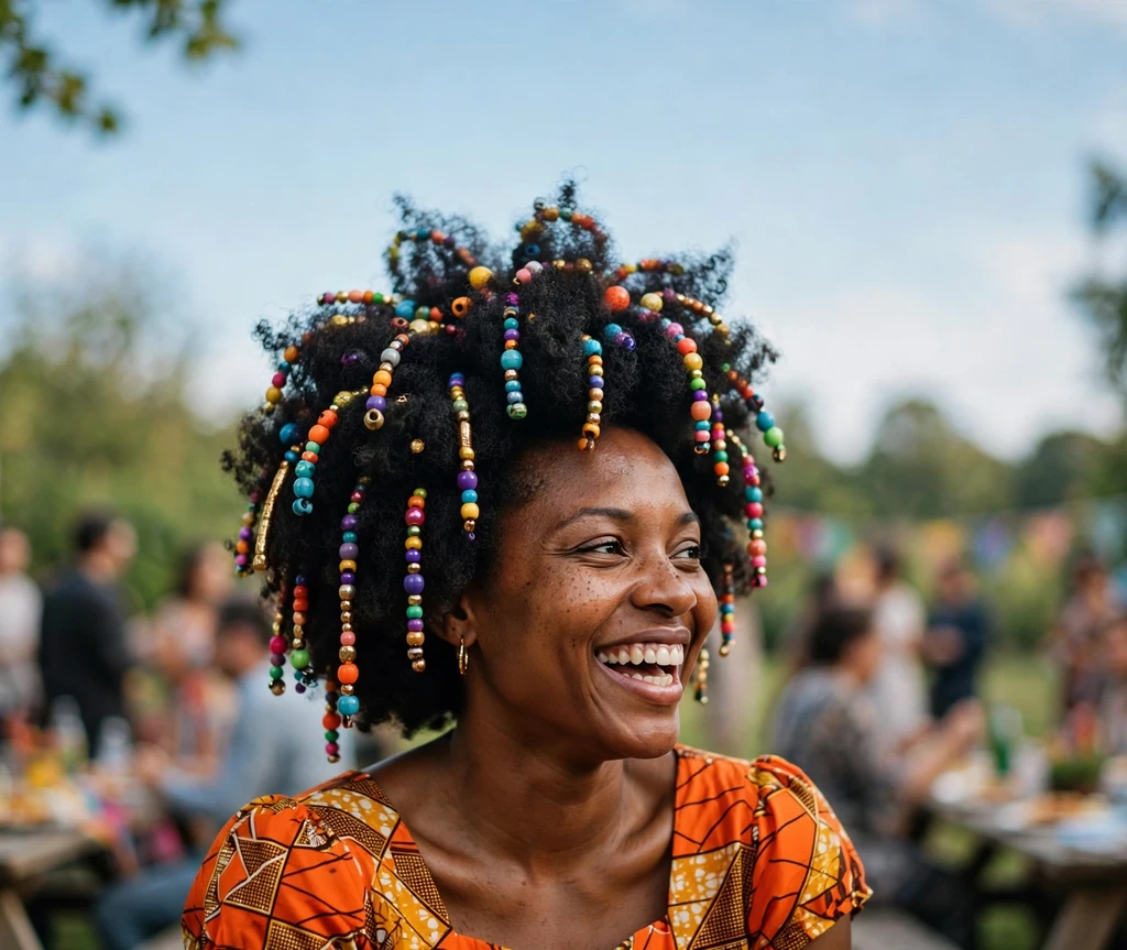 Afro puff with colorful celebration beads on a Black woman