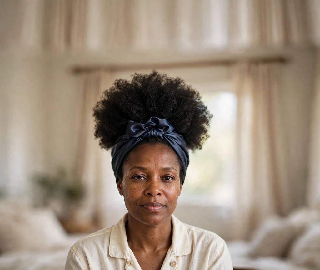 Afro puff with a satin wrap around its base on a Black woman