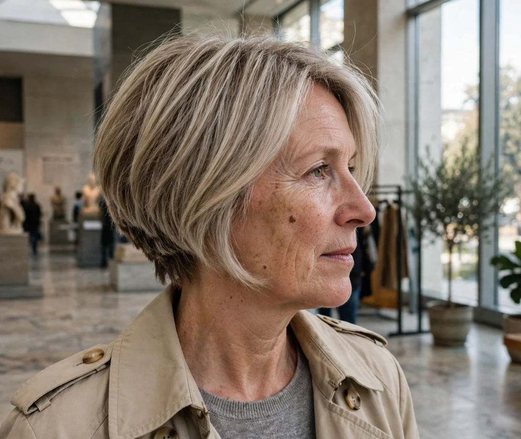 Stacked angled bob with crown volume on ash-blonde hair, beige trench coat, sunlit museum lobby