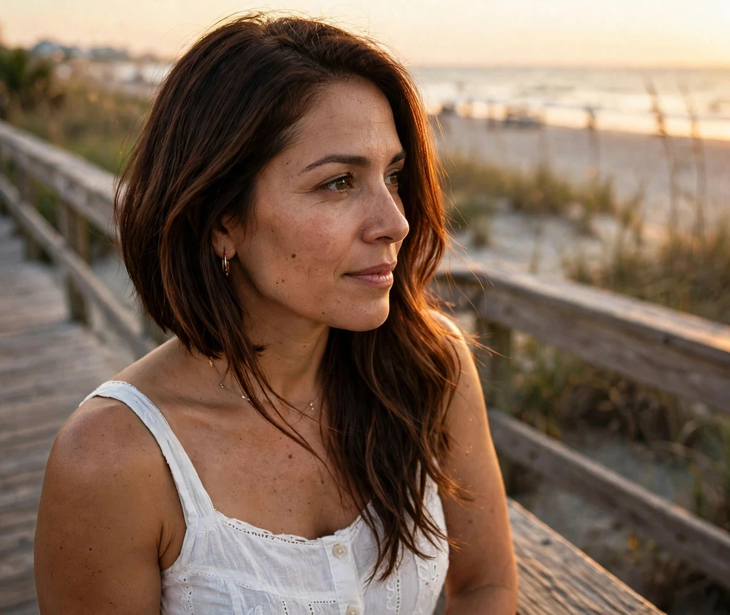 Long angled bob with soft waves on chestnut brown hair, white sundress, beach boardwalk at sunset