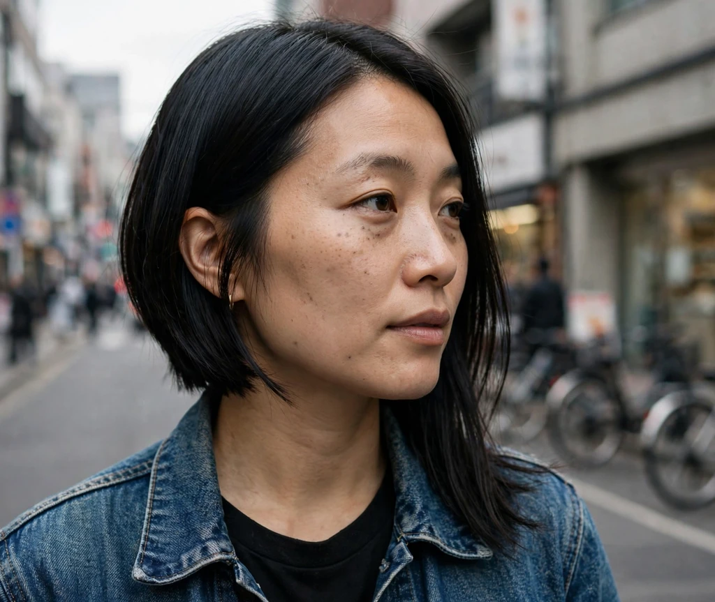 Asymmetrical angled bob, one side chin-length and the other shoulder-length, jet-black hair, city street