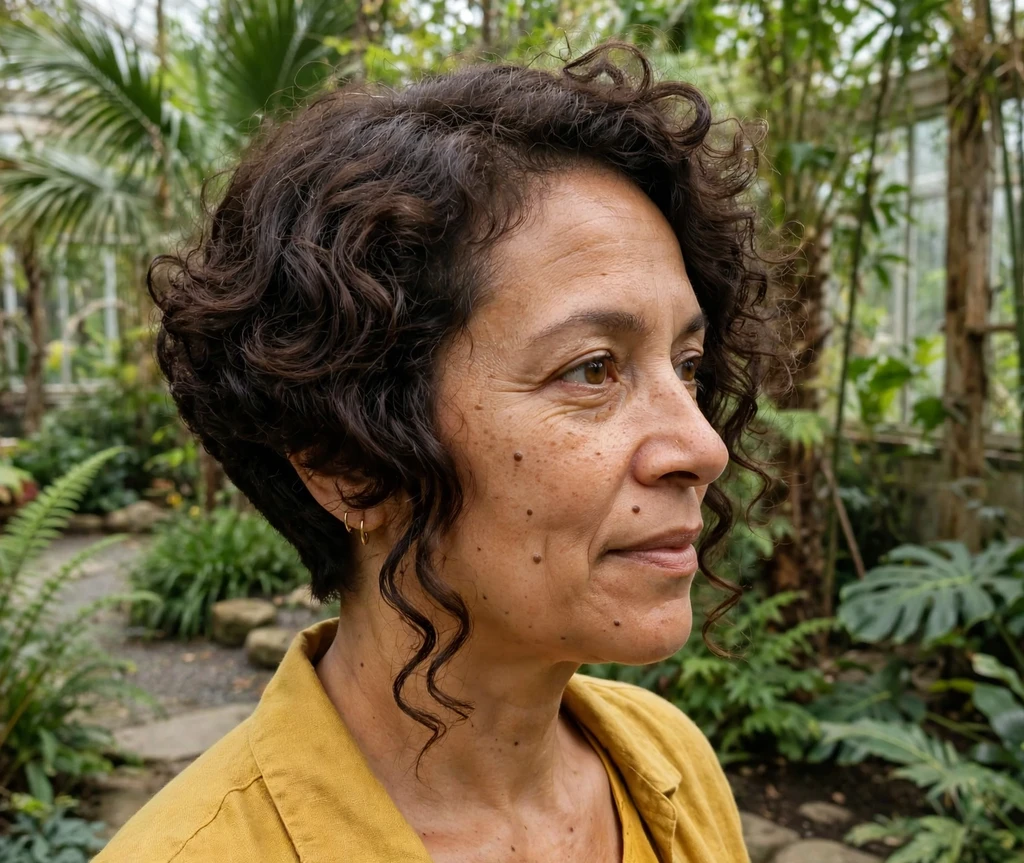 Curly angled bob with defined dark brown curls and crown volume, mustard yellow top, botanical garden