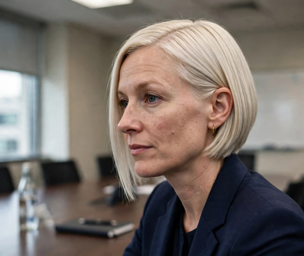 Sleek straight platinum blonde angled bob with glass-like shine, navy pantsuit, conference room