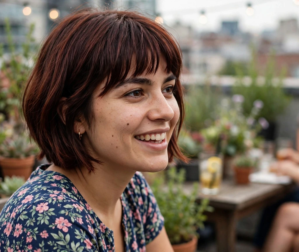 Angled bob with straight-across textured bangs on dark auburn hair, floral dress, rooftop garden party