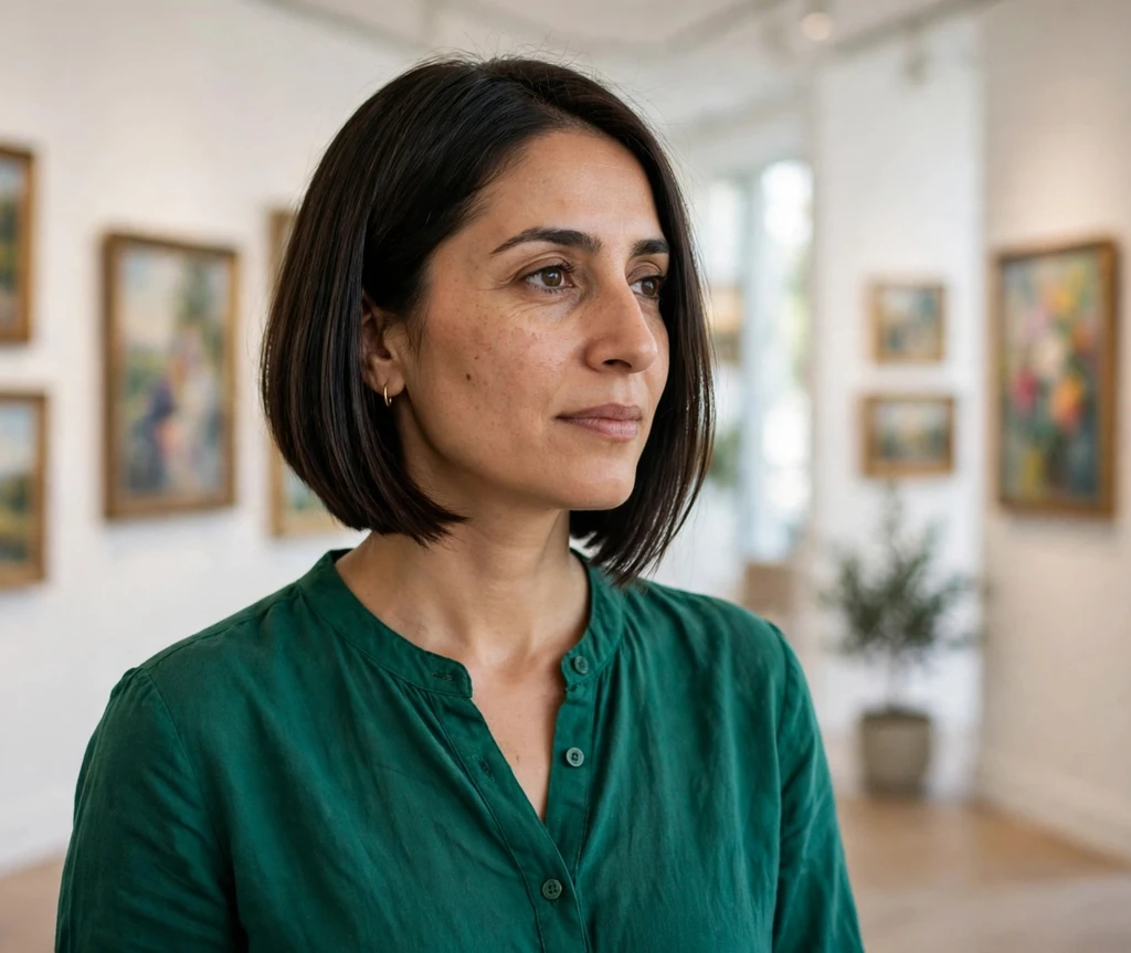 Blunt-cut angled bob with precise edges on dark brown hair, emerald blouse, art gallery