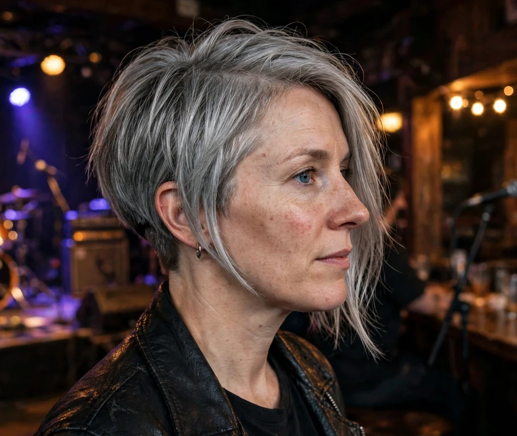 Angled bob with hidden undercut nape on silver-gray hair, black leather jacket, music venue